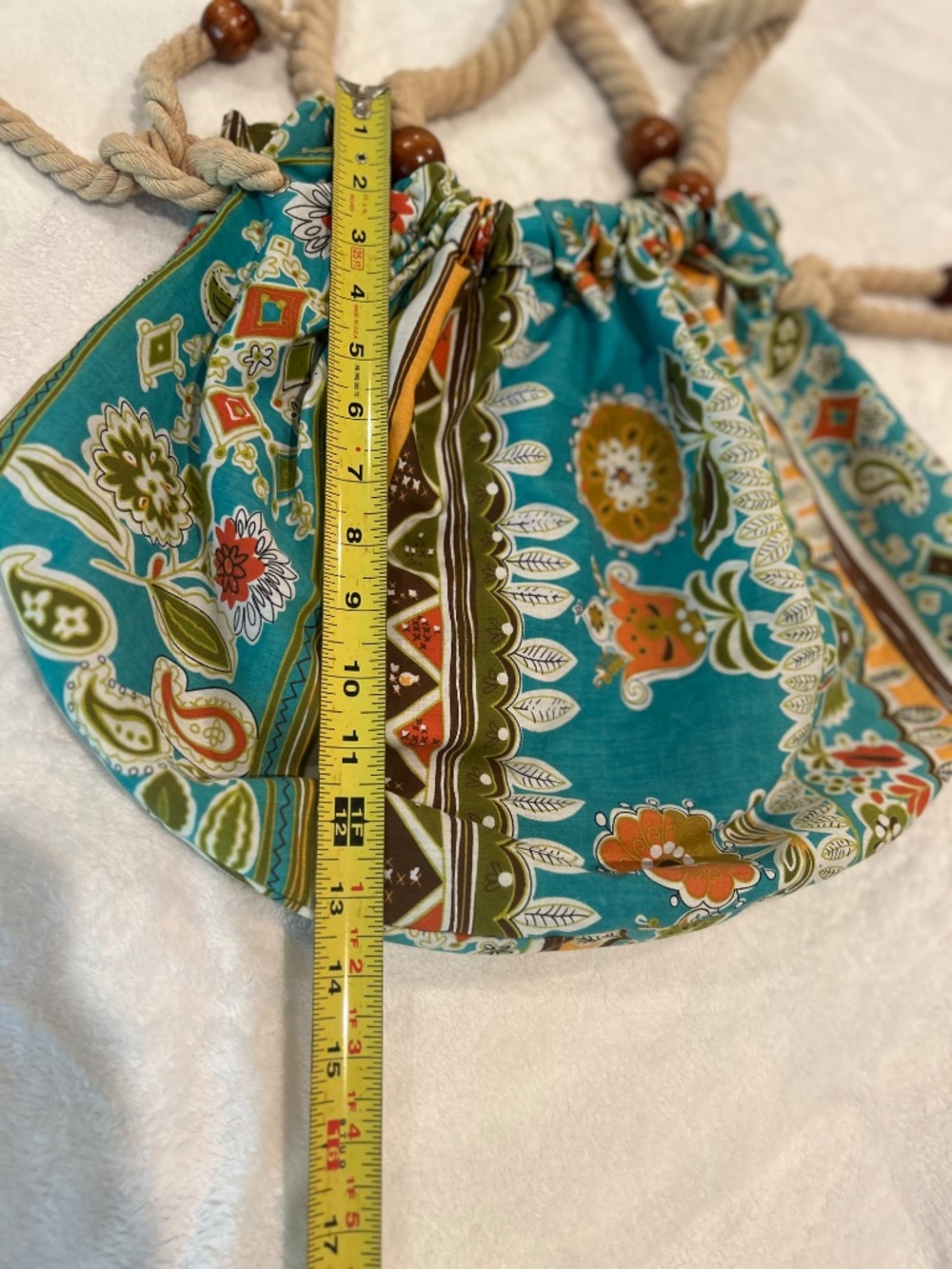 Boho Quilted Rope-Handle Drawstring Tote in Teal Floral - Picture 7 of 7